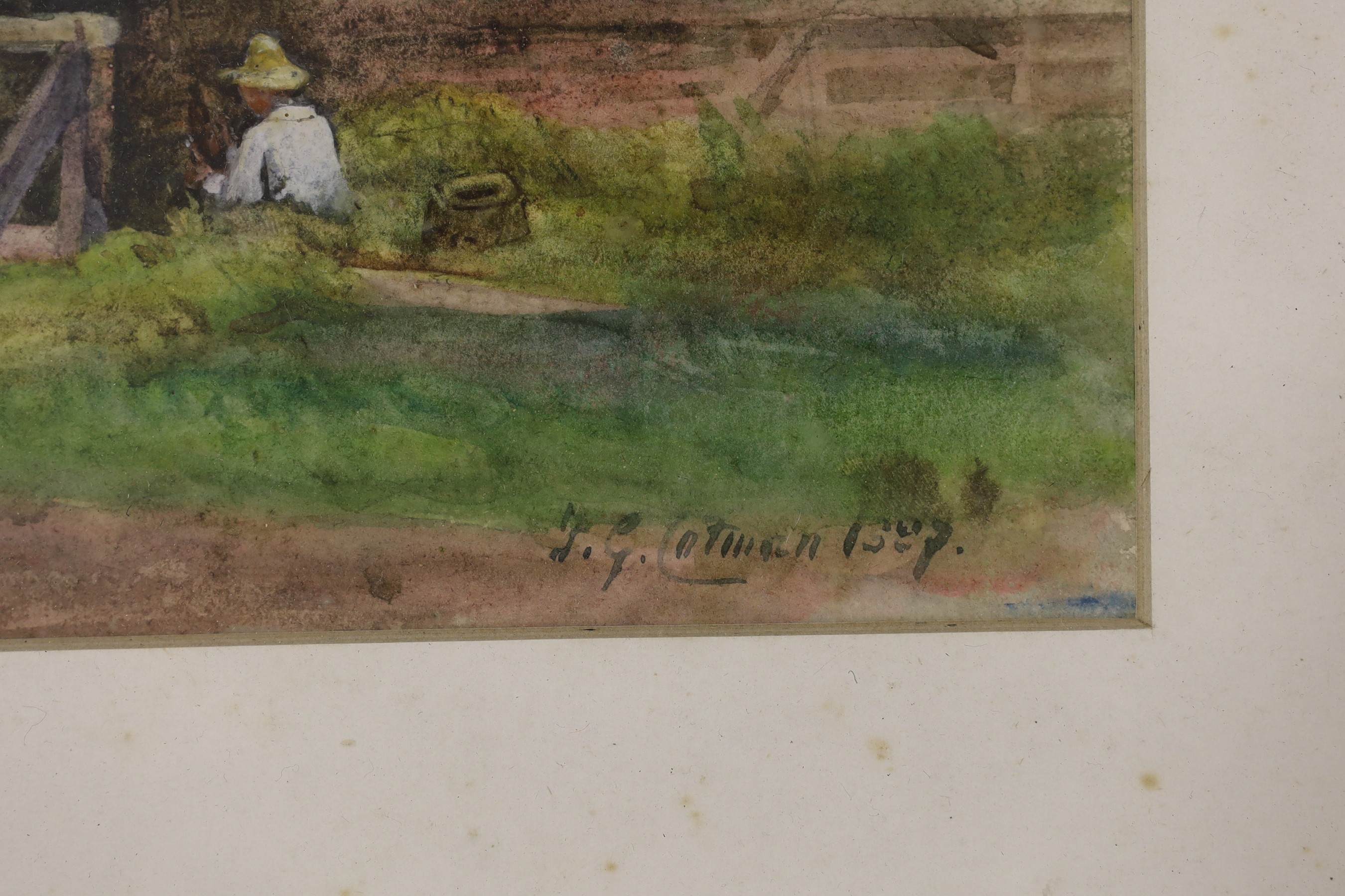 Frederick George Cotman (1850-1920), watercolour, Angler seated beside a wooden footbridge, signed and dated 1887, 27 x 39cm